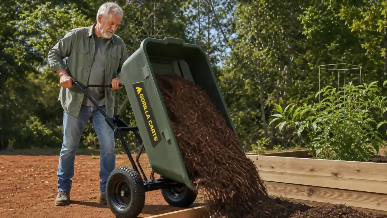 A green poly dump cart tipped forward, spilling a load of mulch beside a wooden raised garden bed.