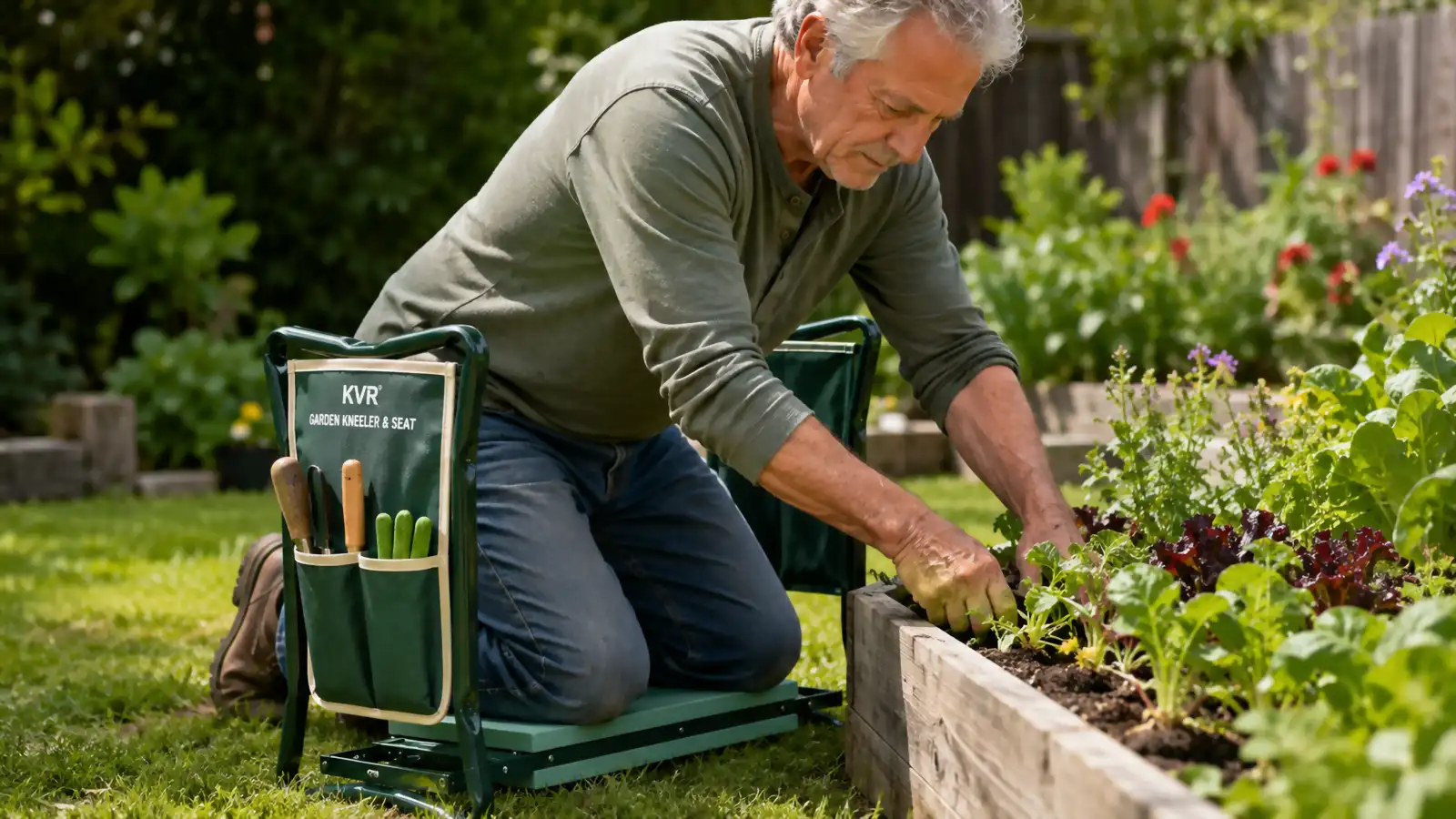 Close-up of a folding garden kneeler and seat with steel arm supports and a thick kneeling pad, tool pouches attached to the sides.