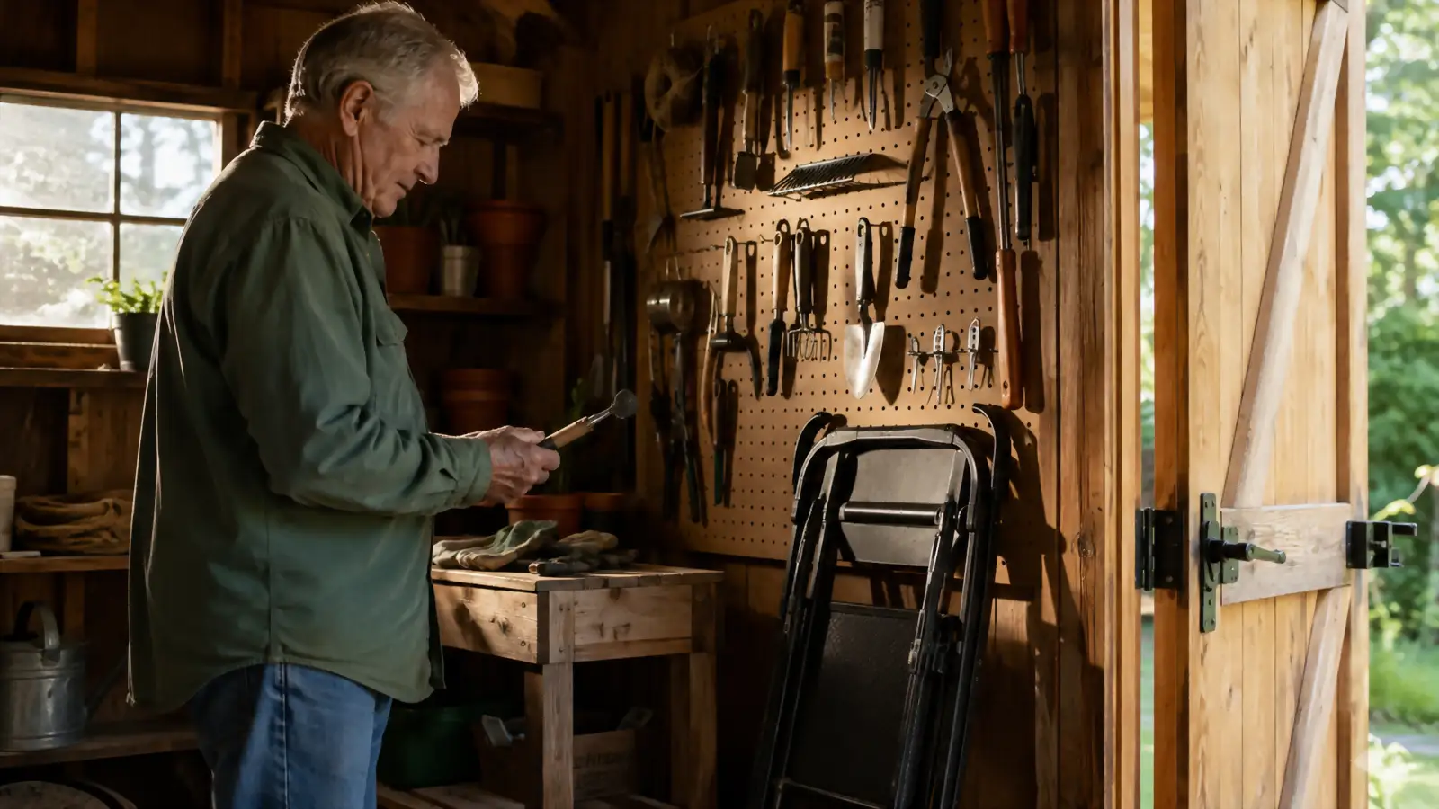 A folded garden kneeler seat leaning against the pegboard wall inside a small wooden garden shed.