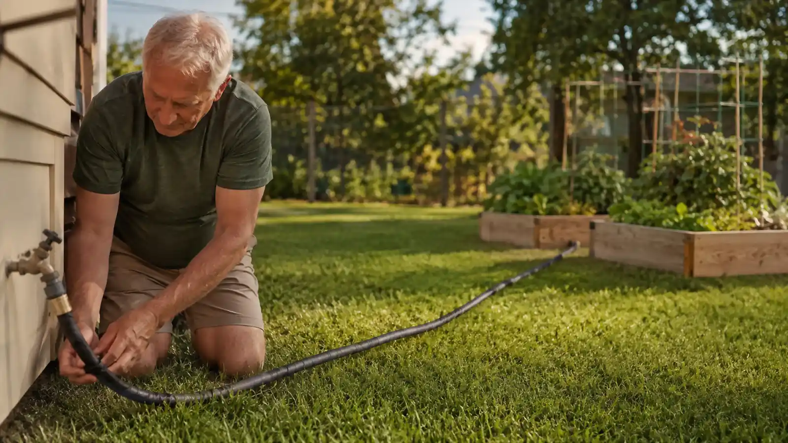 The same hose fully expanded and stretched across the lawn toward two raised garden beds.