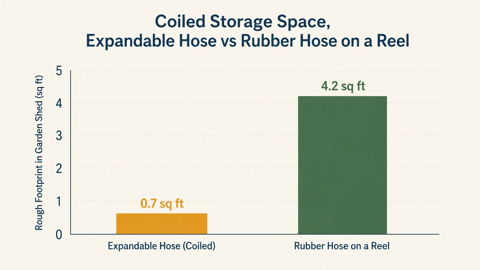 Simple chart comparing coiled storage space of an expandable hose versus a traditional rubber hose on a reel.