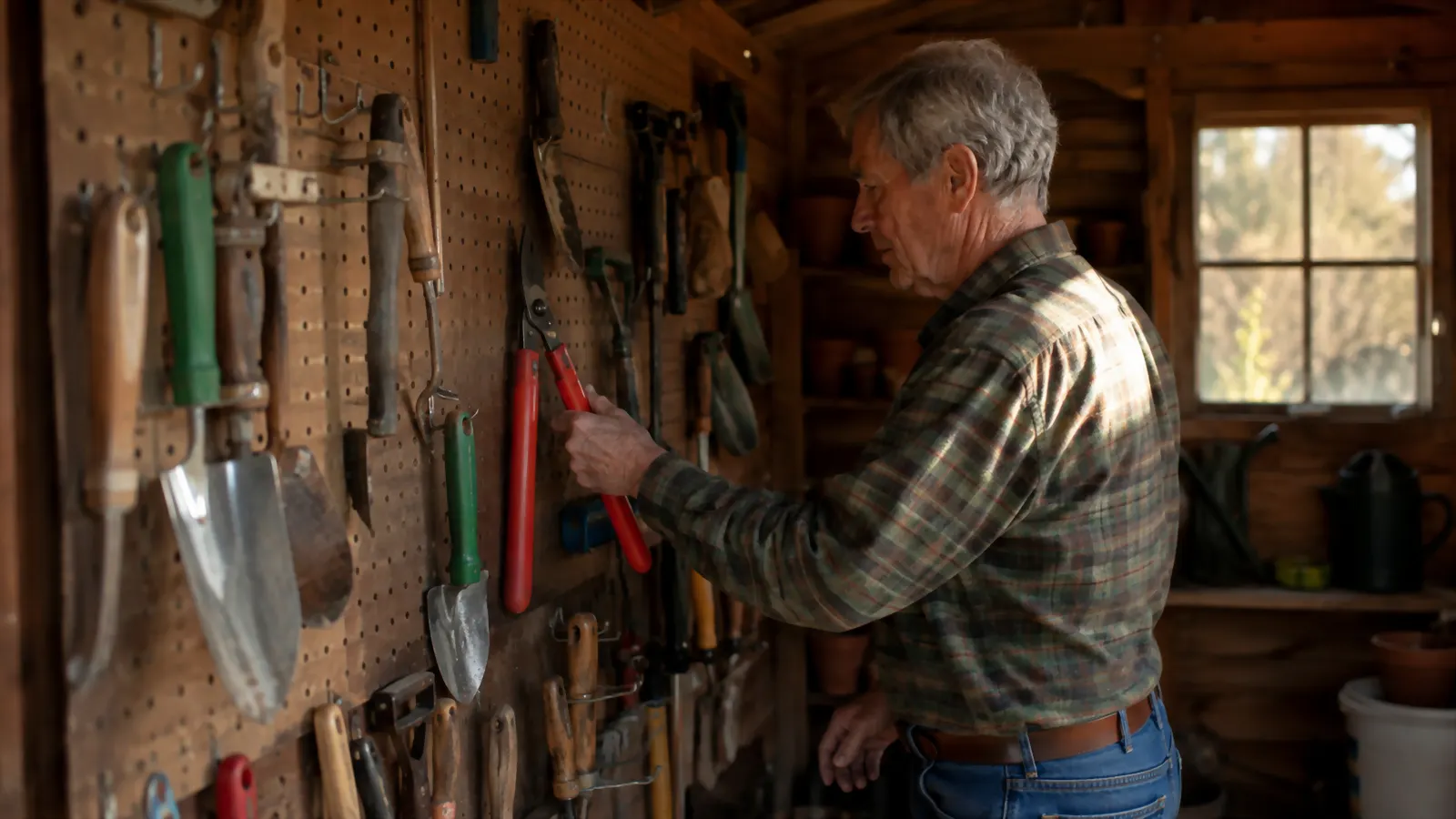 Inside a small garden shed, hand tools including red-handled pruning shears hang from hooks on a pegboard wall.