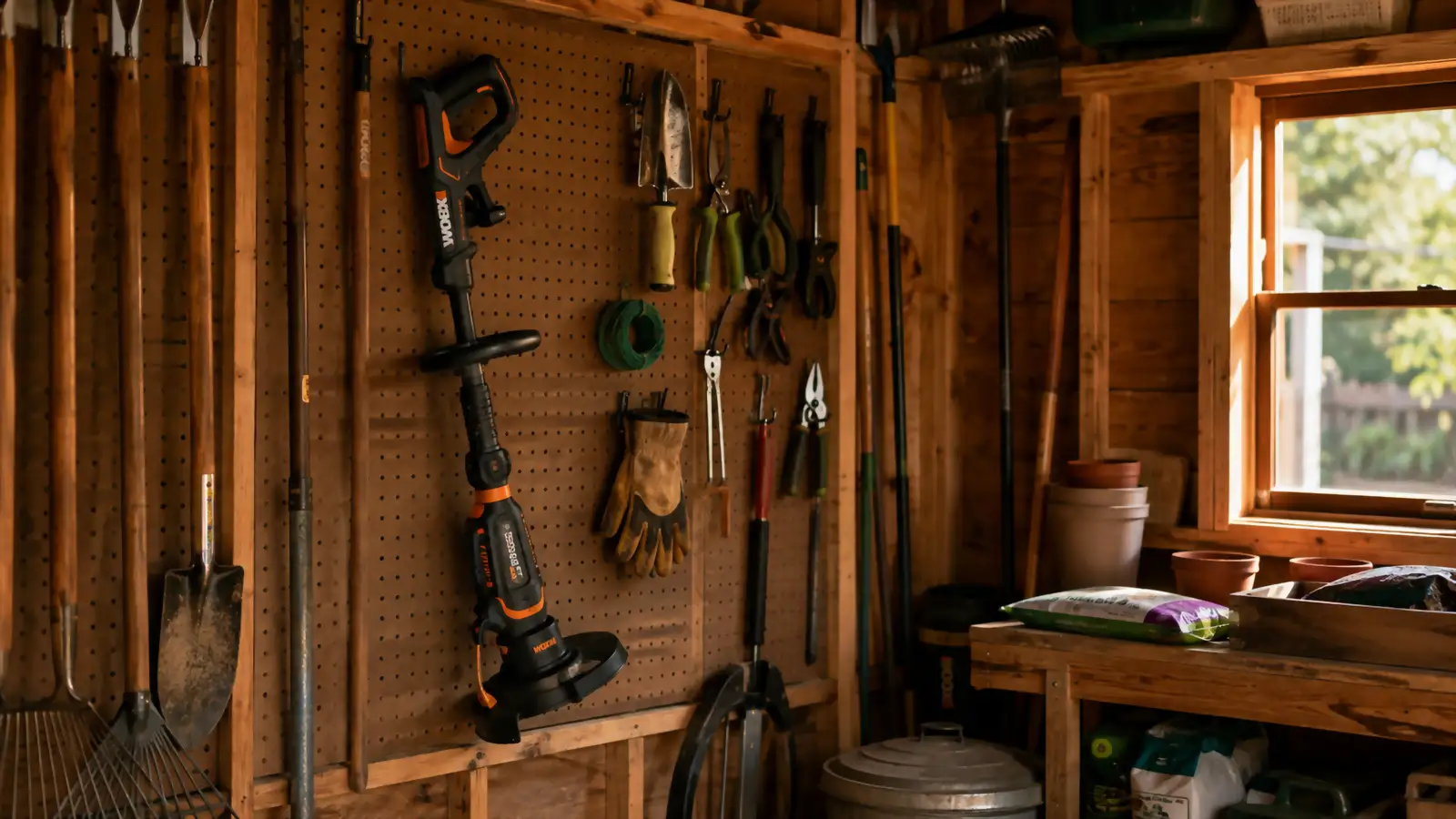 Inside a small garden shed, a black and orange string trimmer hangs from a hook on a pegboard wall among other hand tools.