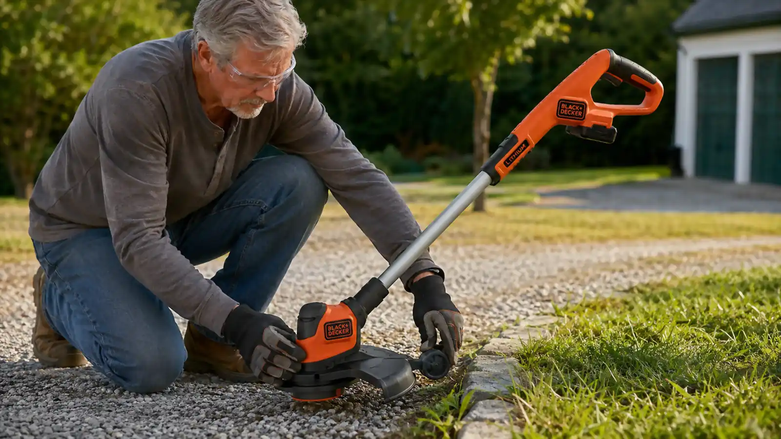 A man converting a string trimmer head into edger mode along the edge of a gravel driveway