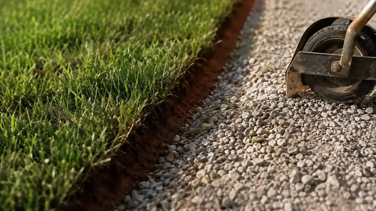Clean edged line along a gravel driveway where it meets the lawn, cut with the trimmer's edger conversion
