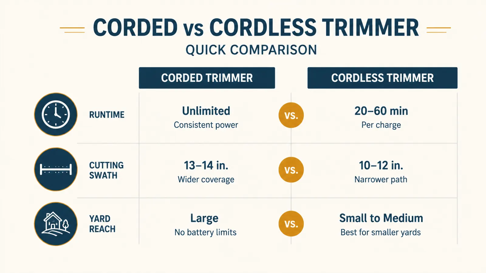 Chart comparing the BLACK+DECKER corded trimmer and a WORX cordless trimmer across runtime, cutting swath, and reach