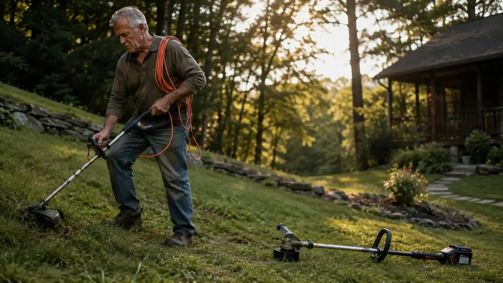 Extension cord looped over a shoulder while trimming near a slope, battery pack trimmer resting nearby on the grass
