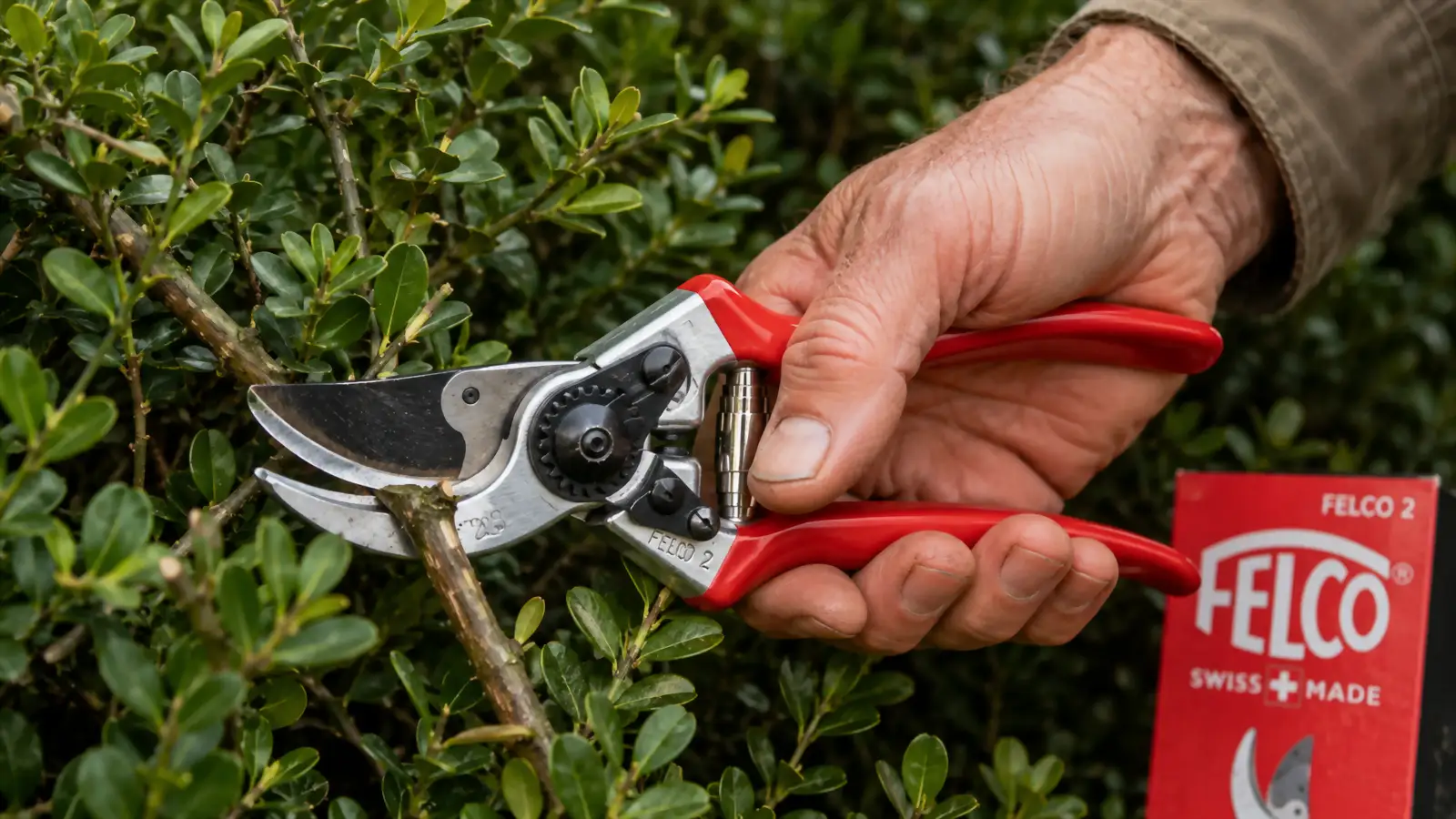 Hand gripping the Felco F2 mid-cut on a thick boxwood branch, sap visible on the blade