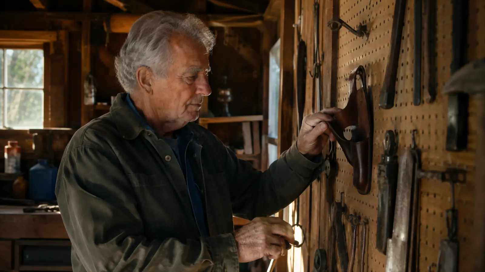 Pegboard wall in a garden shed with a pruning shear holster hanging among other hand tools