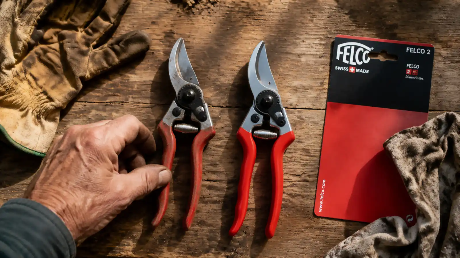 Two pairs of red-handled pruning shears side by side on a workbench, one visibly older than the other
