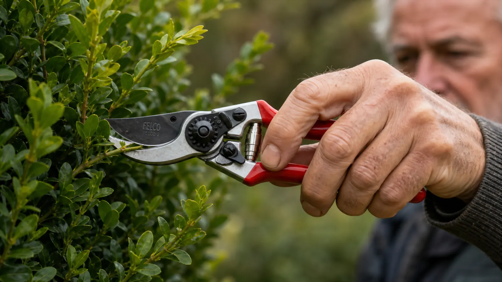 Weathered hand gripping the red Felco F2 handle mid-cut on a boxwood branch