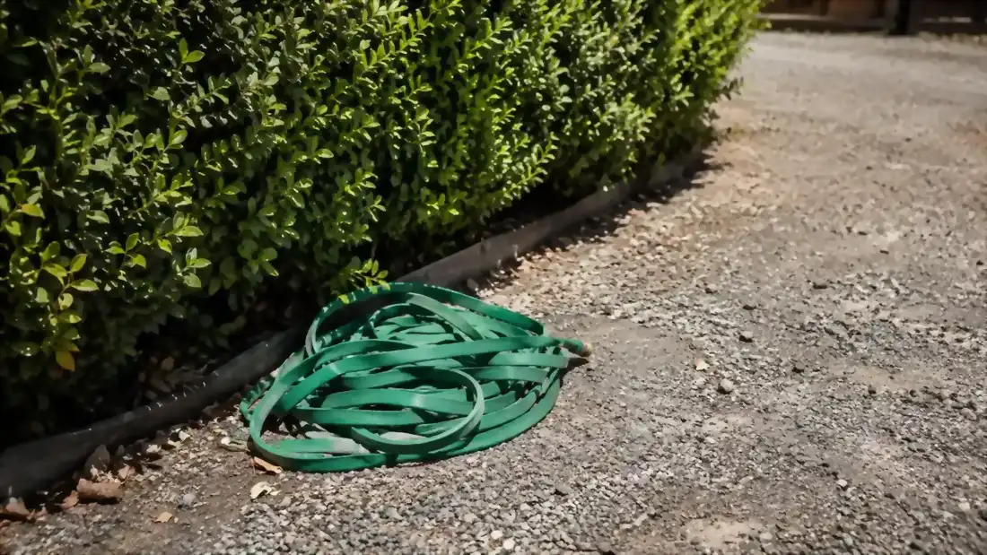 Coiled green expandable hose left in direct sun near a row of boxwoods along a driveway