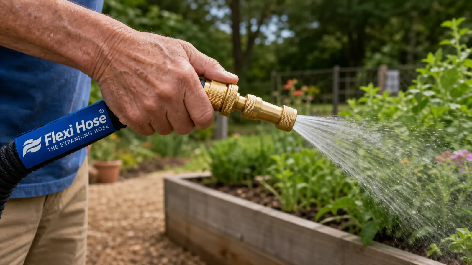 Hand holding the brass nozzle end of the Flexi Hose while watering a raised garden bed