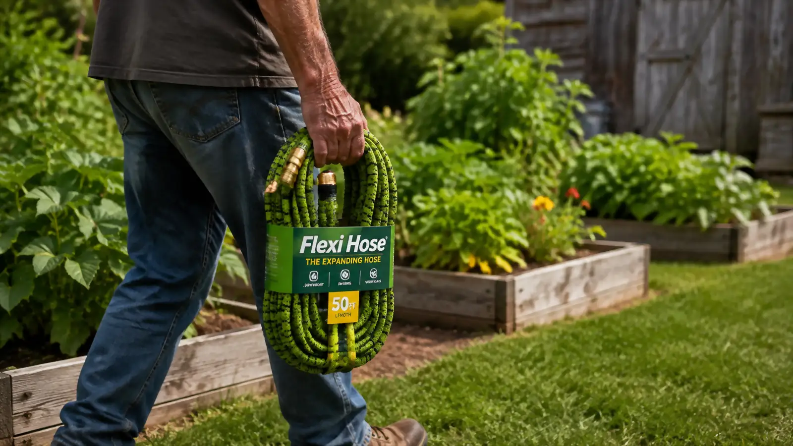 Older man's hand carrying a looped, collapsed Flexi Hose in one hand across the yard