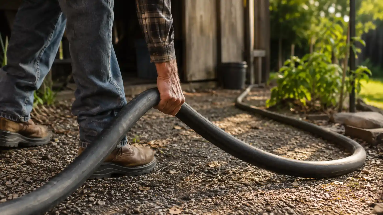 Heavy black rubber garden hose dragged across a gravel path beside a garden shed, showing its thick durable wall