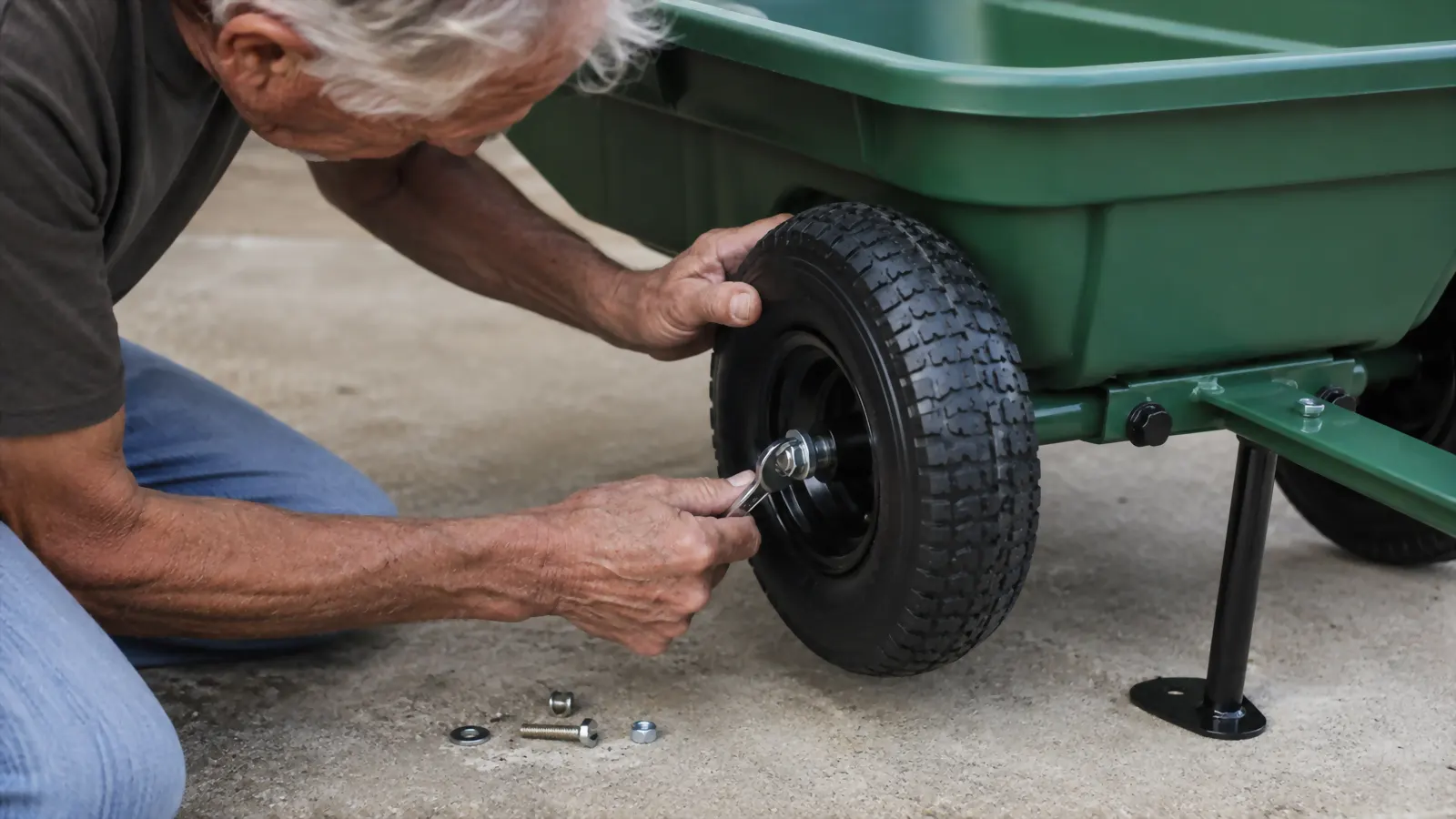 Close-up of weathered hands tightening a bolt on the wheel axle of a poly dump cart during assembly