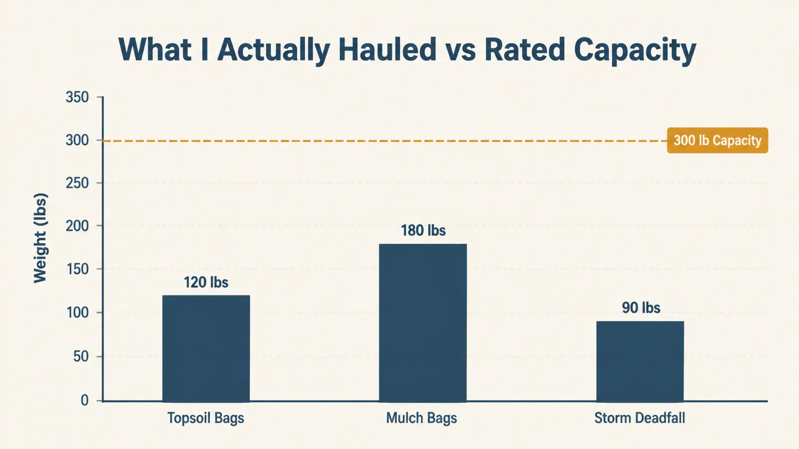 Bar chart comparing typical load weights hauled in the cart against its 300 pound rated capacity