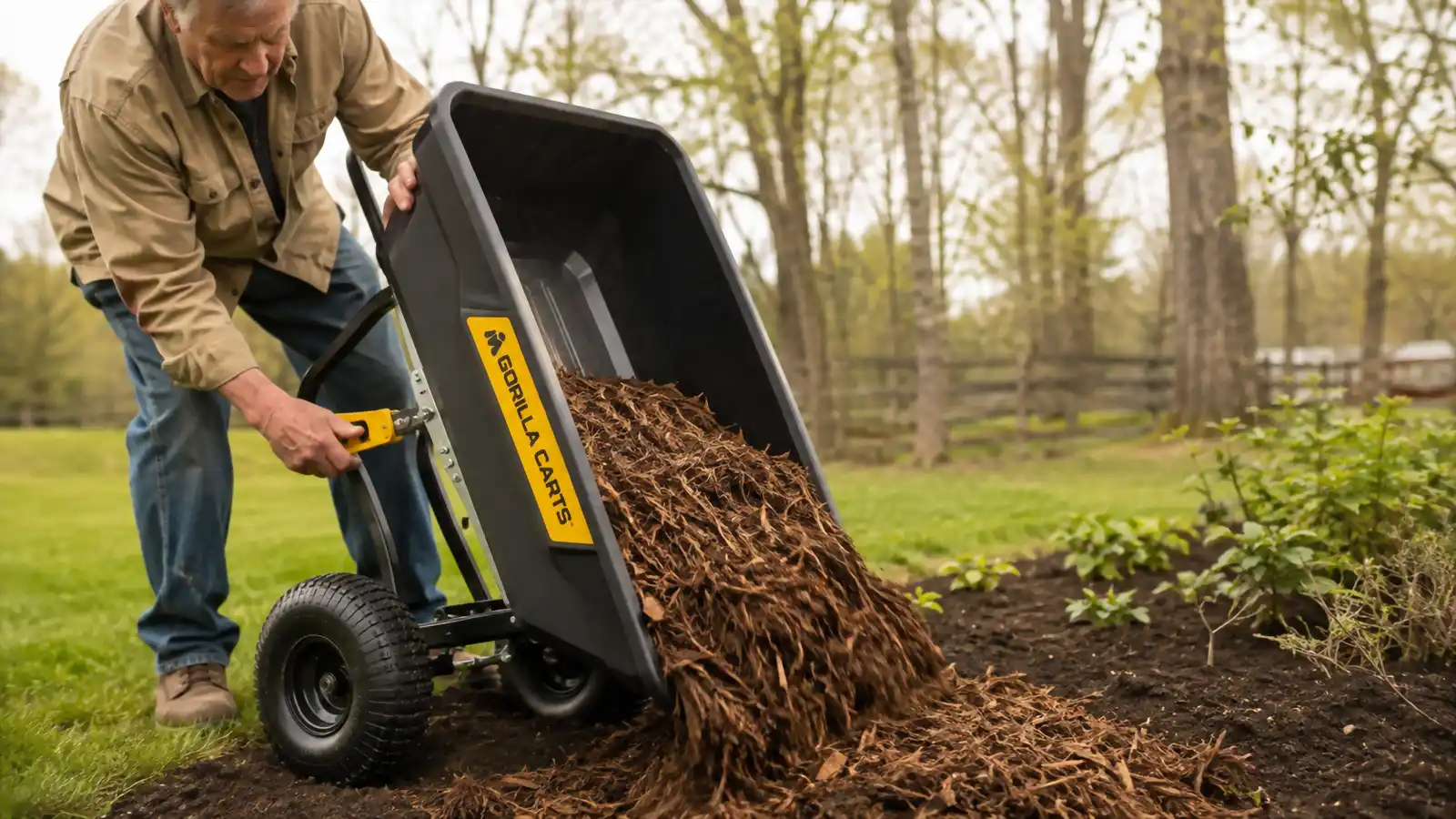 Close-up of hands tipping the bed of the Gorilla Carts dump cart to release a load of mulch