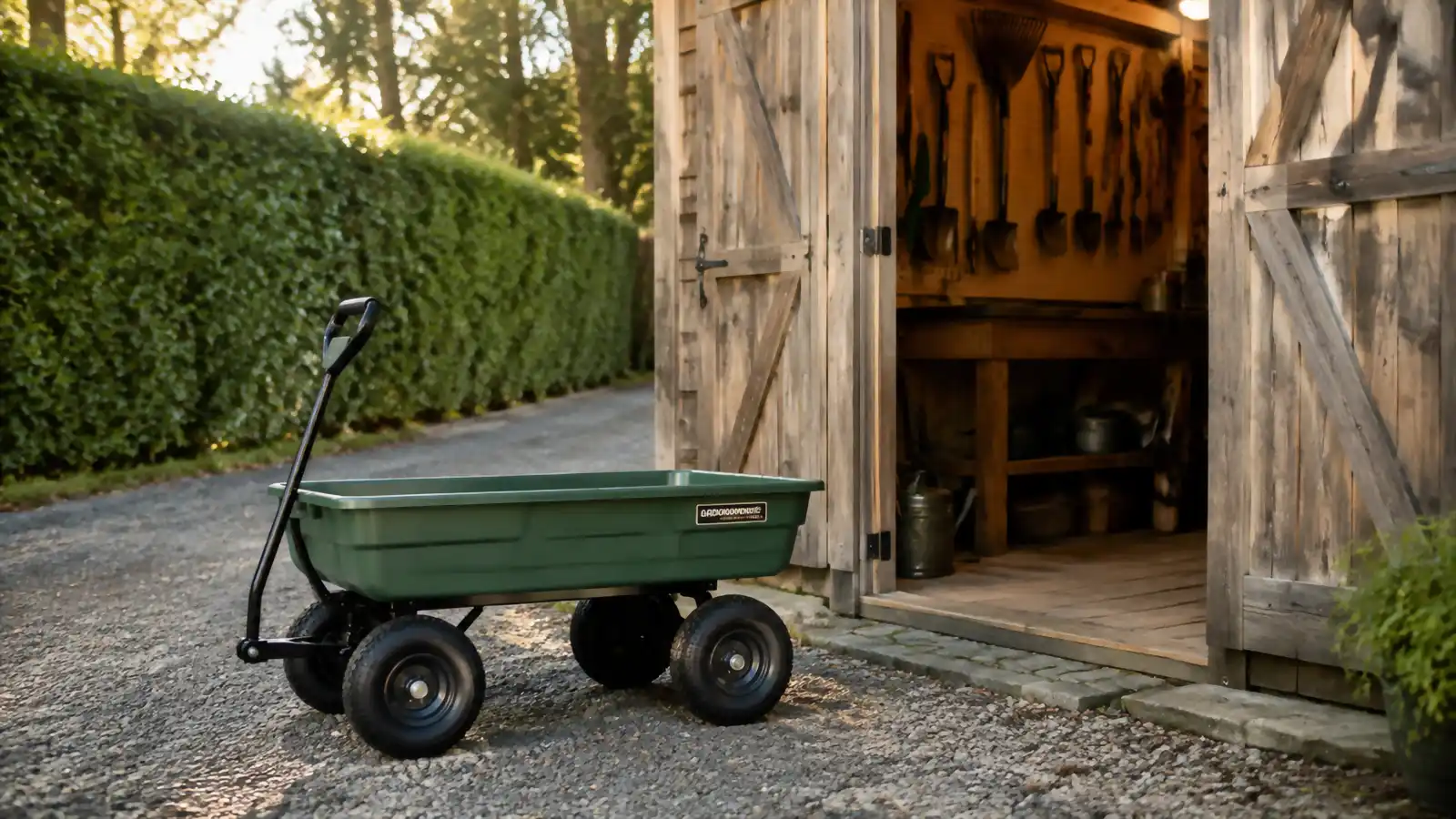 Green poly dump cart parked beside a 10x12 garden shed with a pegboard wall visible through the open door