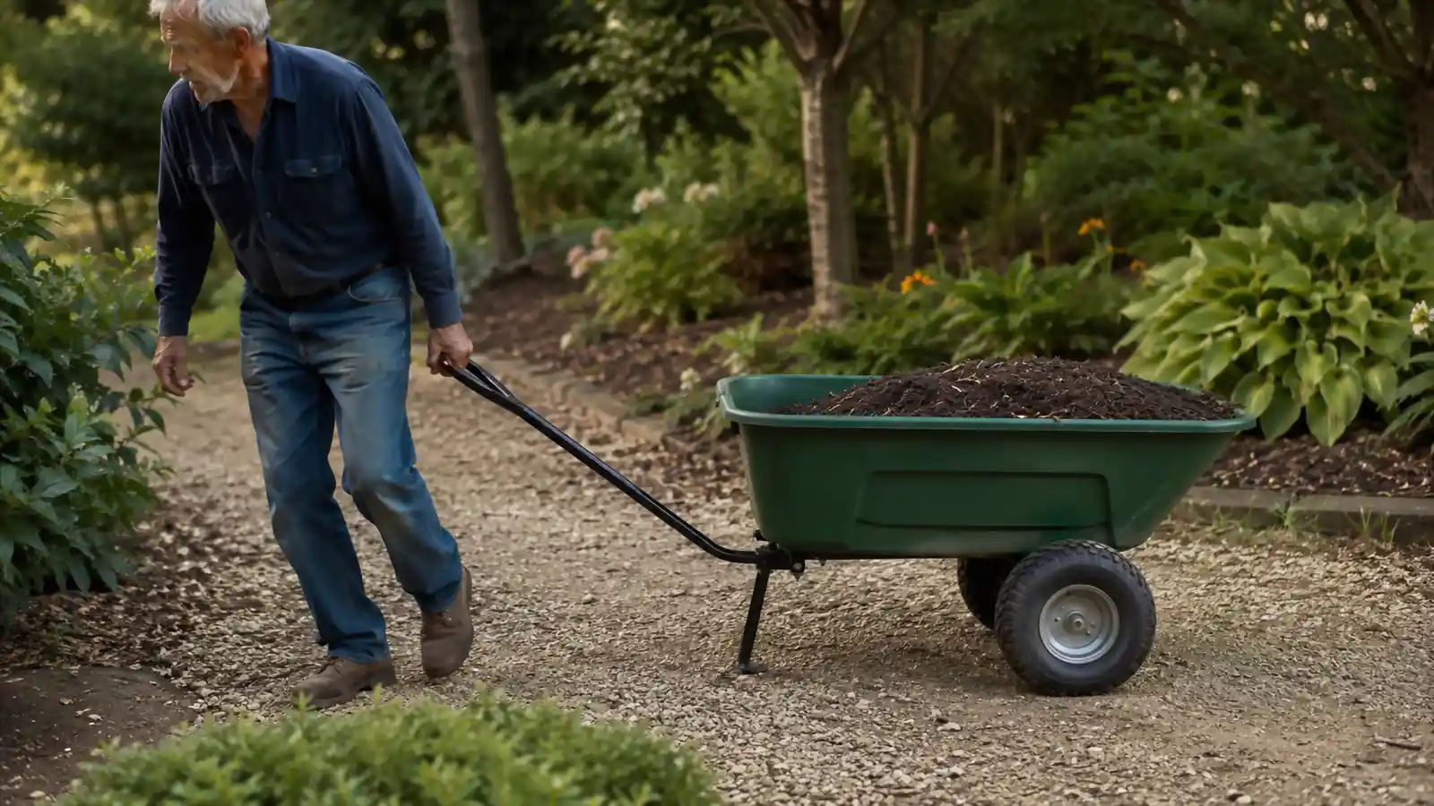 Weathered hands pulling the tow handle of the Gorilla Carts dump cart loaded with mulch down a garden path