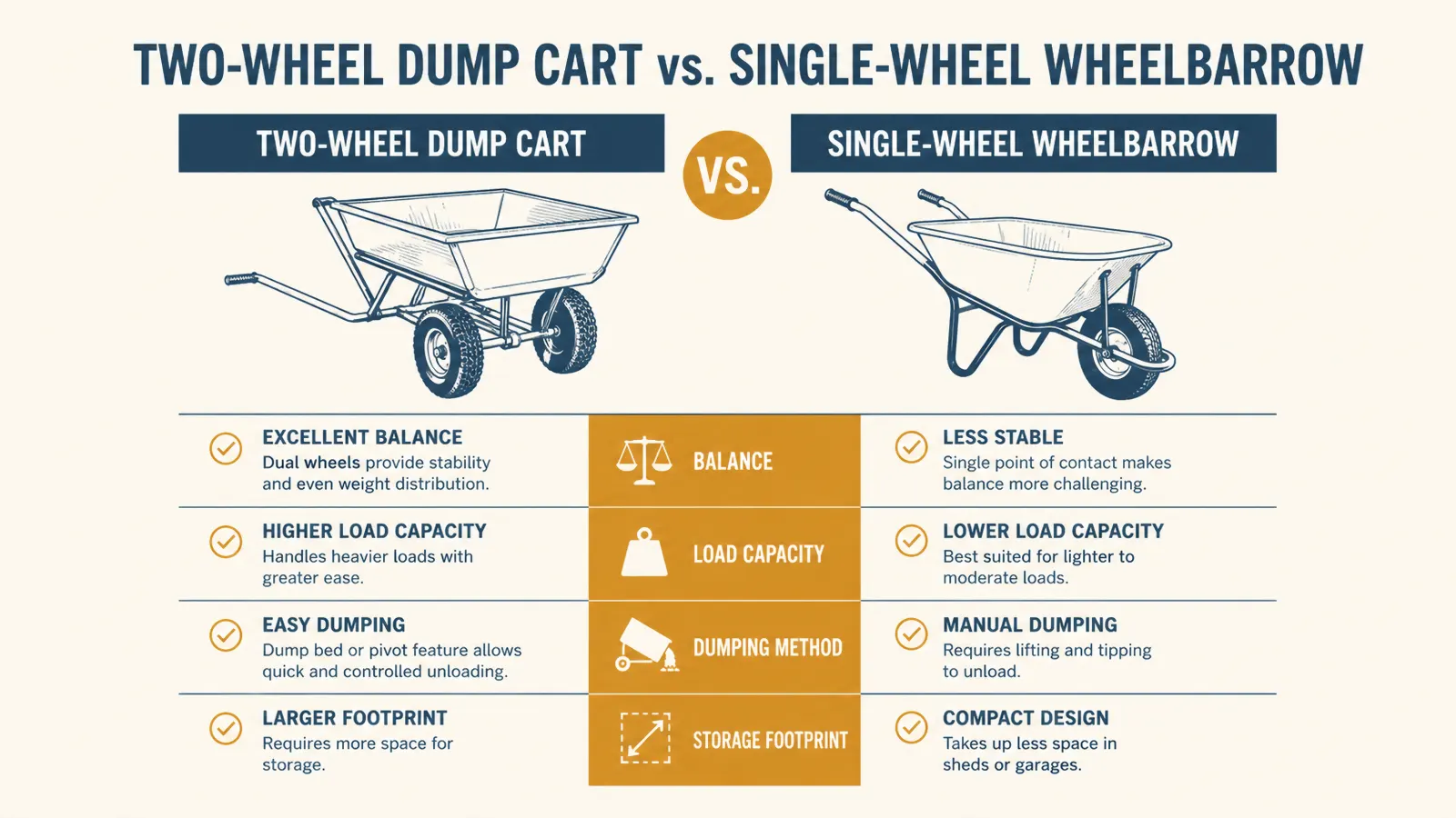 Chart comparing the Gorilla Carts dump cart and a traditional wheelbarrow across balance, capacity, dumping, and storage