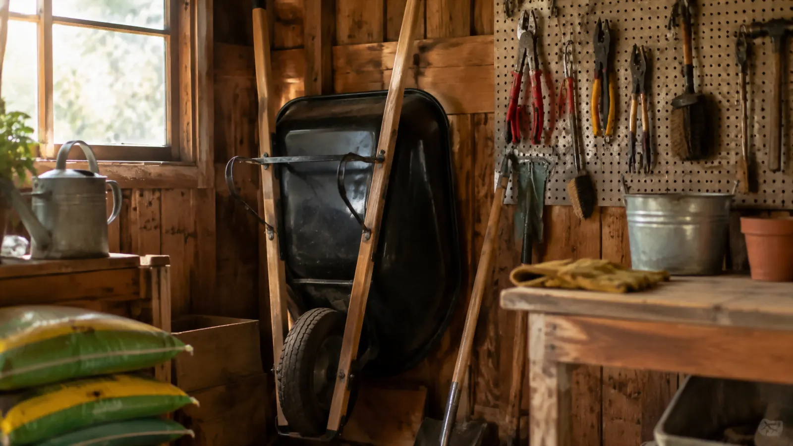 A traditional wheelbarrow stood up on end against the wall inside a garden shed next to a pegboard of tools
