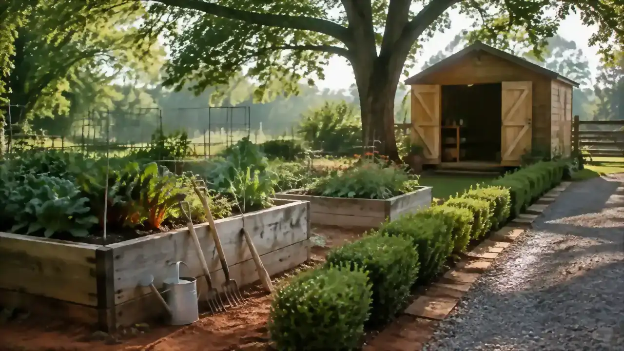 Garden tools resting against a row of boxwoods beside two raised beds in a half-acre backyard on a bright spring morning