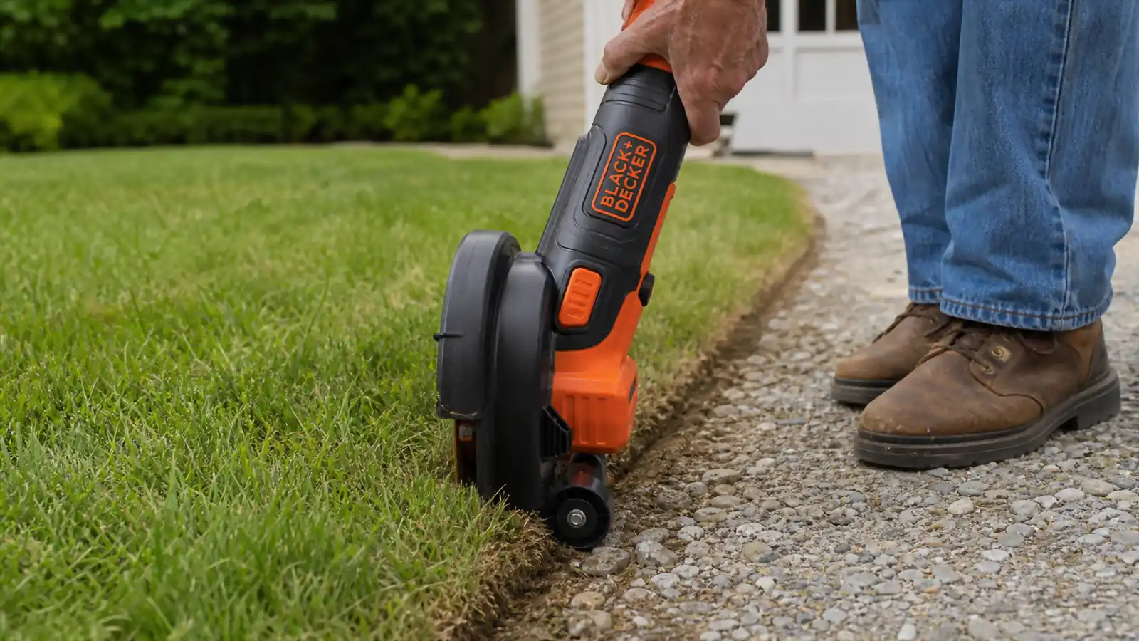 Close-up of a string trimmer head rotated into edger position against a driveway edge