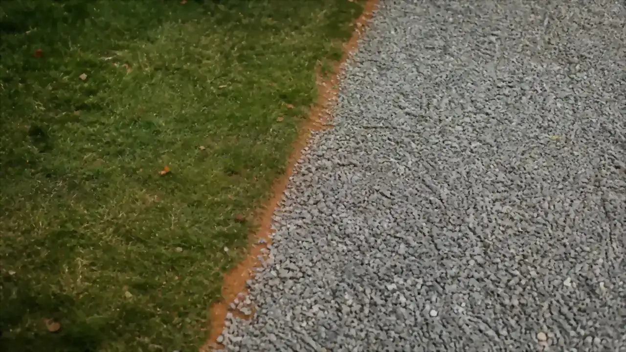 Freshly edged driveway line swept clean of grass clippings, gravel drive and green lawn meeting in a crisp line