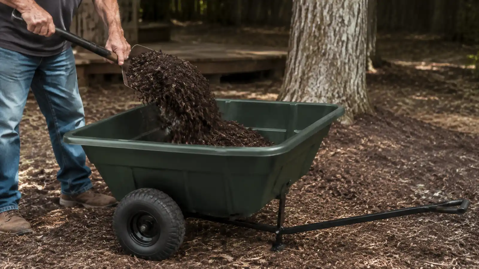 Hands loading mulch into the bed of a Gorilla Carts dump cart directly over the axle instead of at the back