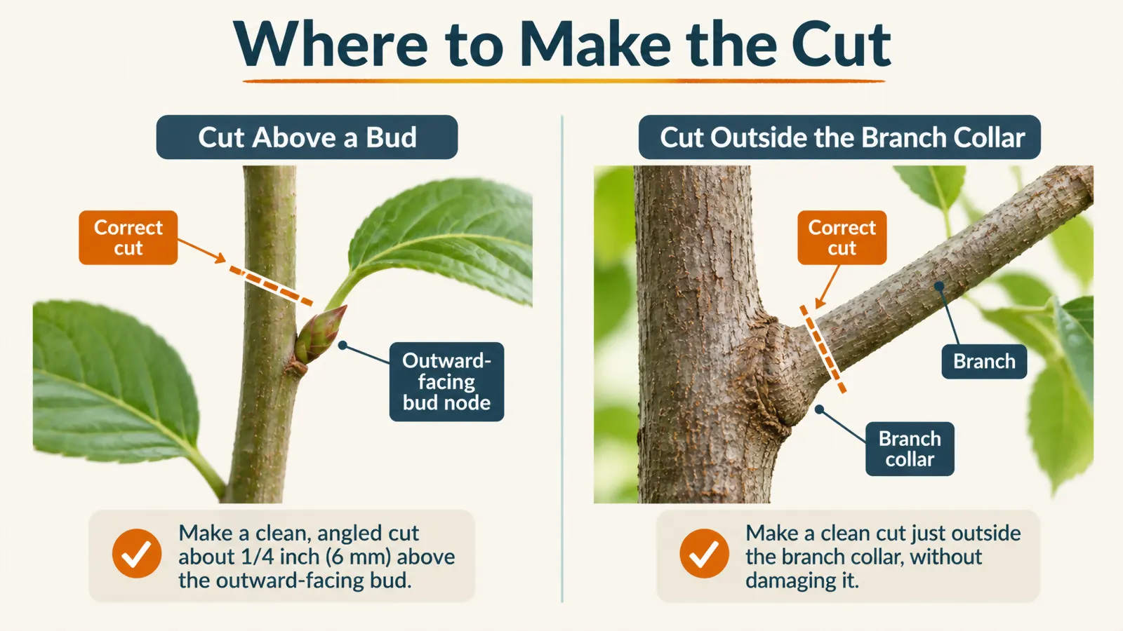 Diagram showing where to cut a stem in relation to a bud node and a branch collar
