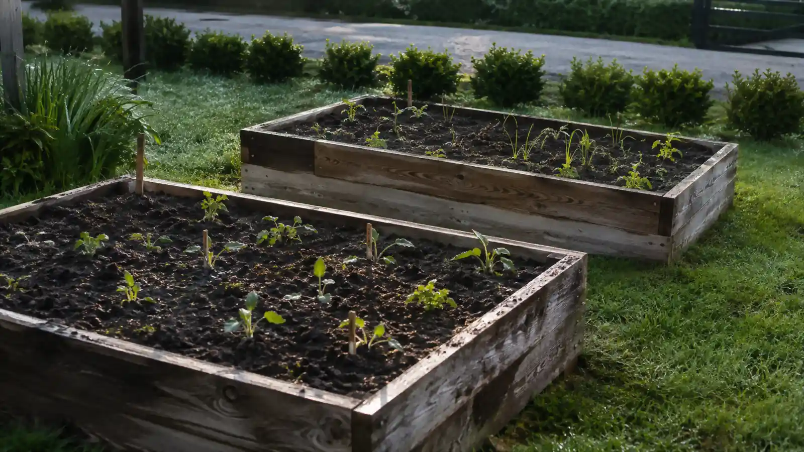 Sunrise light over two raised garden beds with dew still on the grass before watering begins