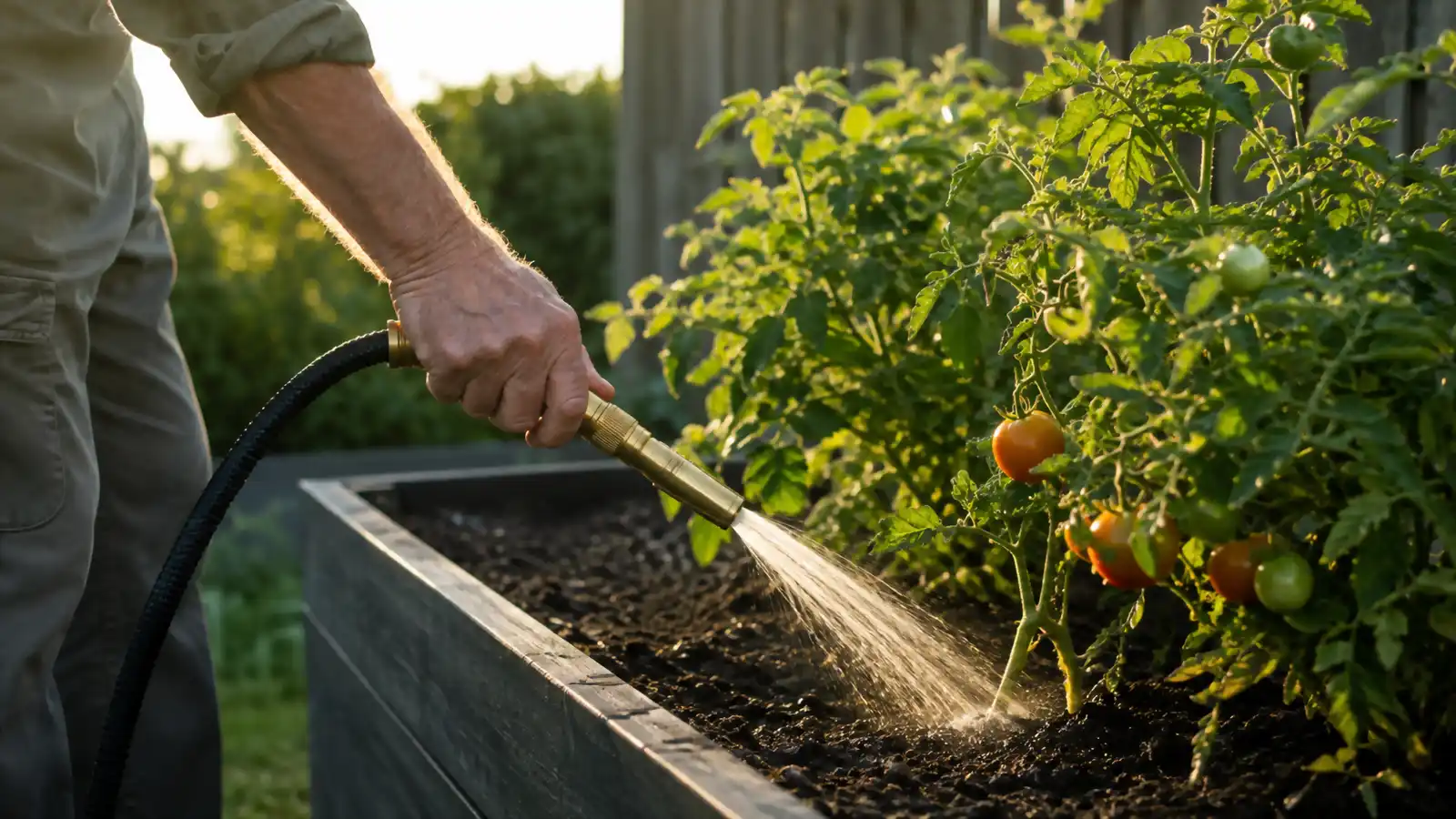 Hand holding the Flexi Hose nozzle low near the base of plants, aiming water at the soil instead of the leaves