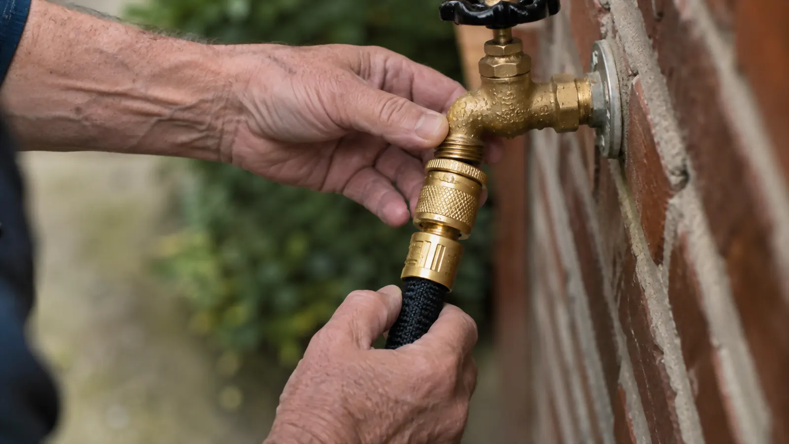 Close-up of a brass quick-connect fitting attached to an outdoor spigot with the Flexi Hose connected