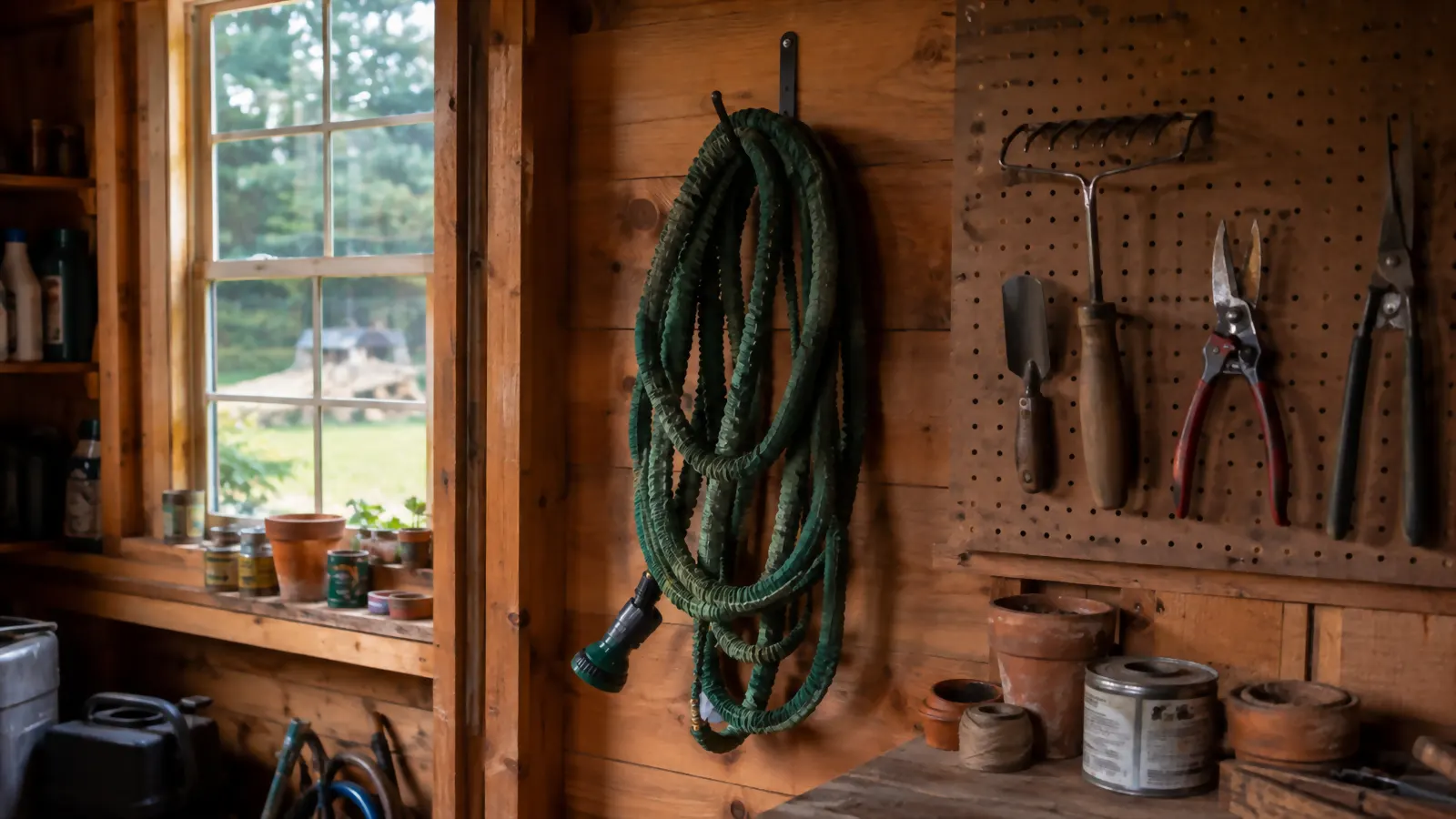 Collapsed green hose coiled loosely on a hook inside a garden shed with tools hanging on a pegboard wall