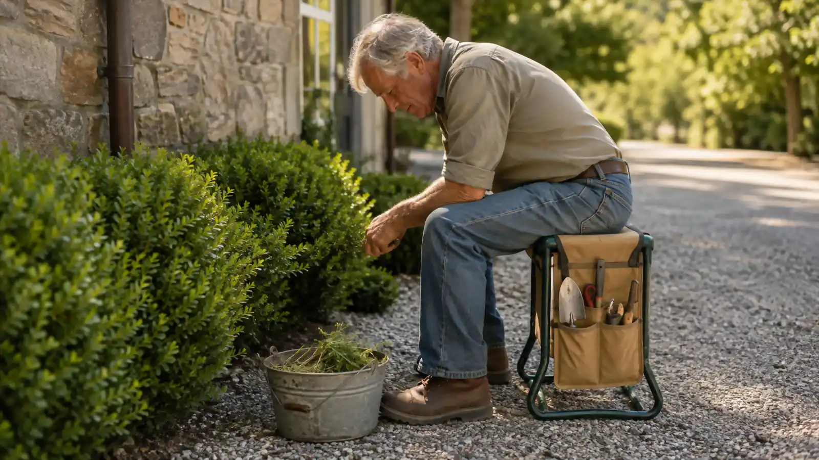 Folding garden kneeler flipped to its seat position beside a row of boxwoods with tool pouches holding a trowel and snips