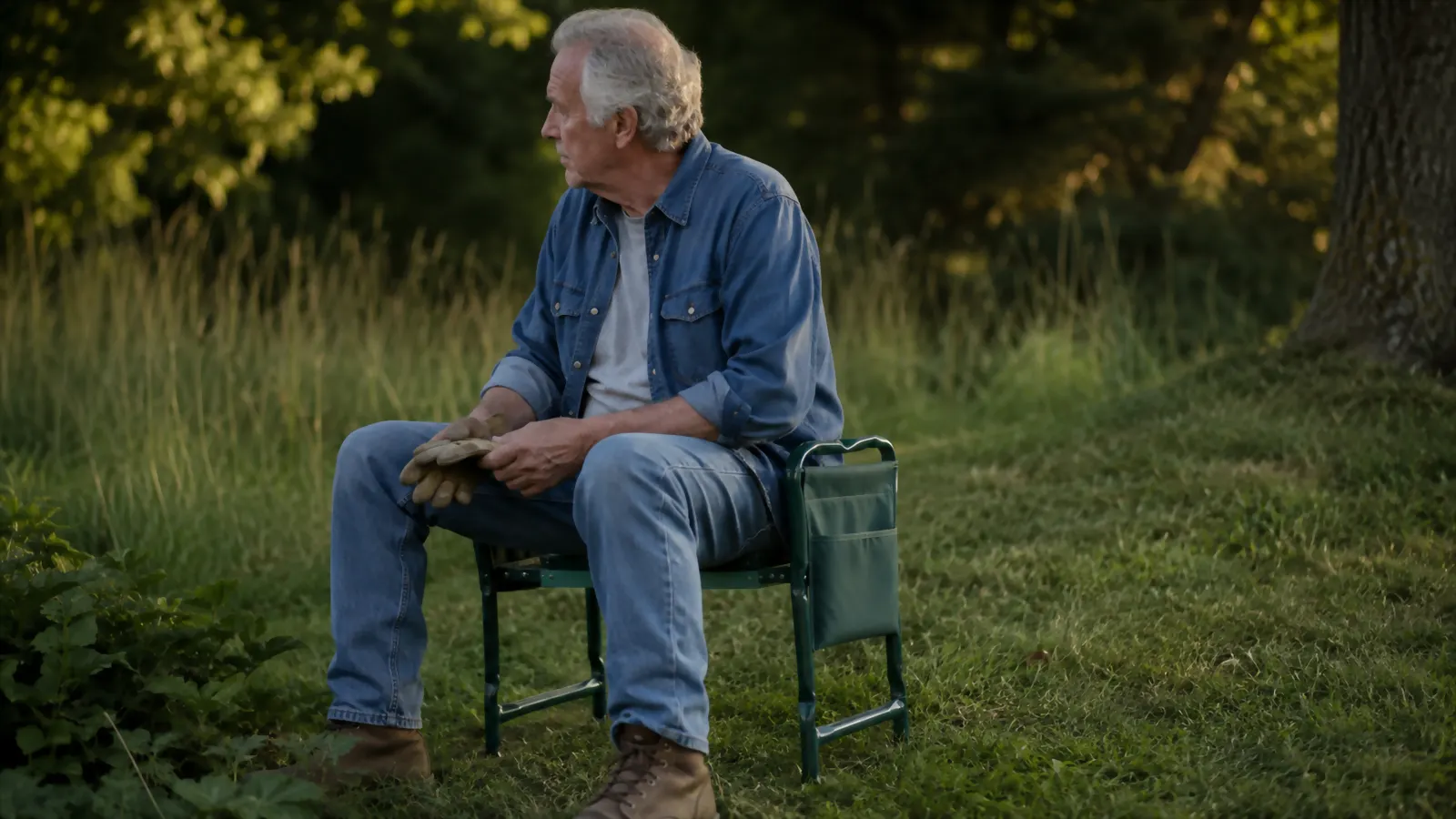 A folded garden kneeler seat set on sloped, uneven ground at the back of a half-acre yard