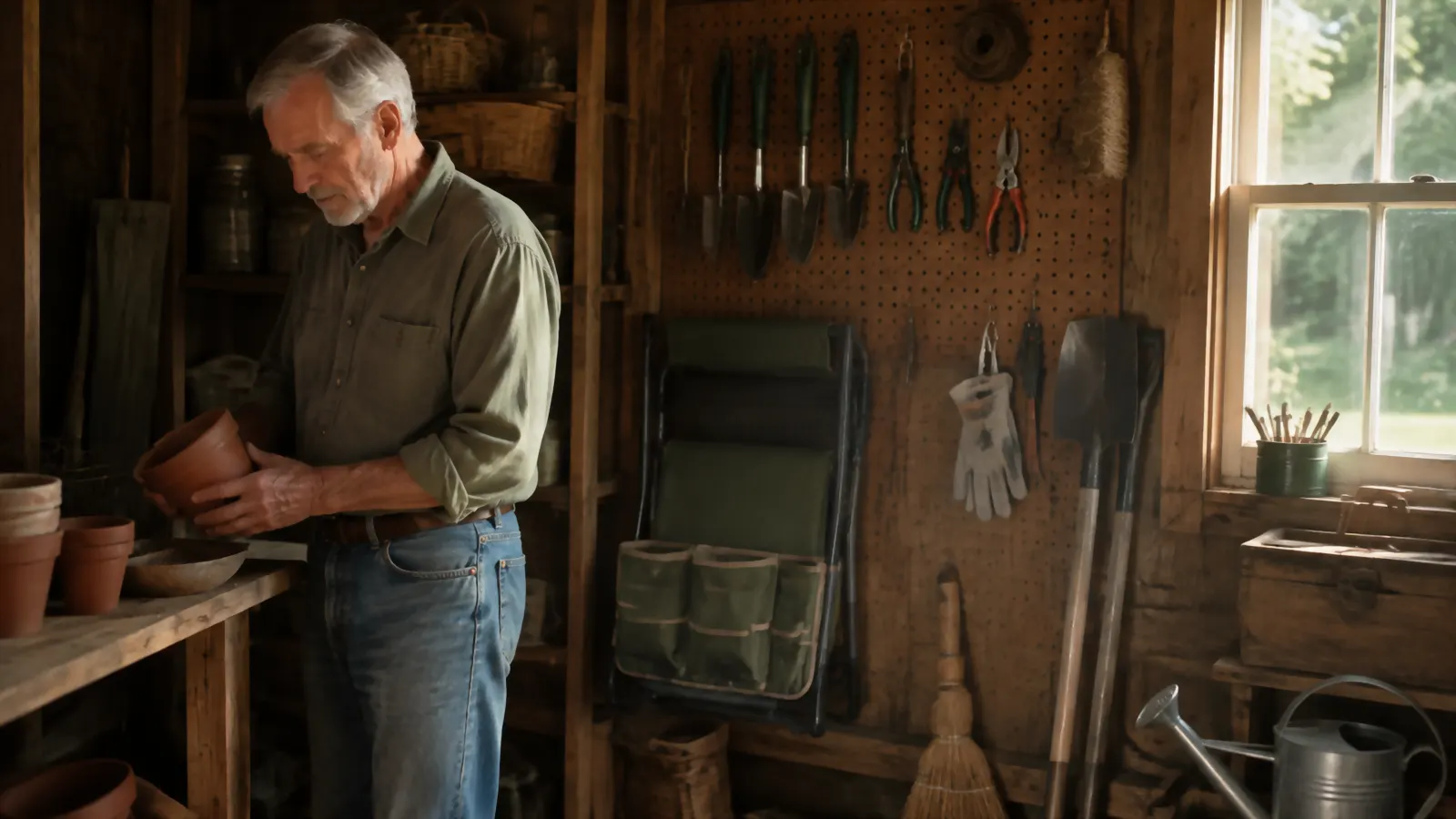 Folded garden kneeler with tool pouches leaning against a pegboard wall inside a small garden shed