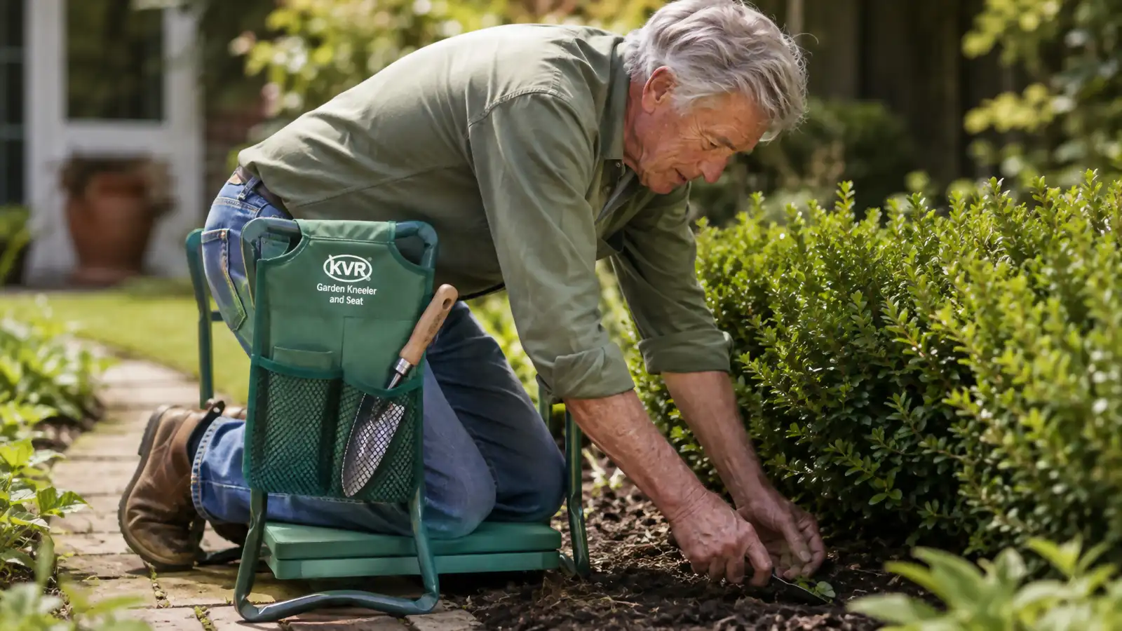 An older man kneeling on a padded garden kneeler while weeding along a row of boxwoods, a trowel in one of its side tool pouches