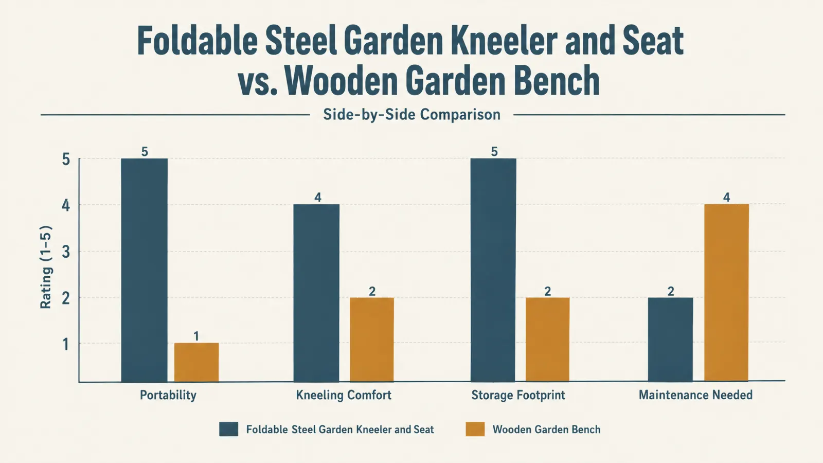 Chart comparing a foldable garden kneeler and seat against a wooden garden bench across portability, comfort, and maintenance