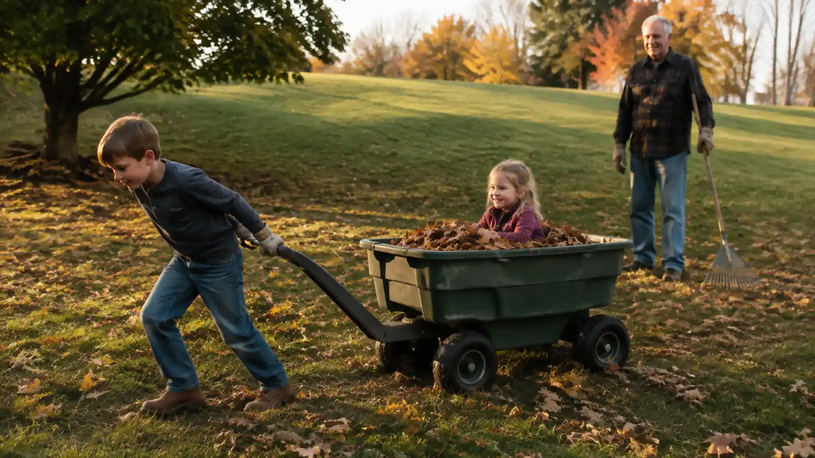 A young boy pulling a leaf-filled dump cart while a young girl rides along inside it, grandfather watching nearby