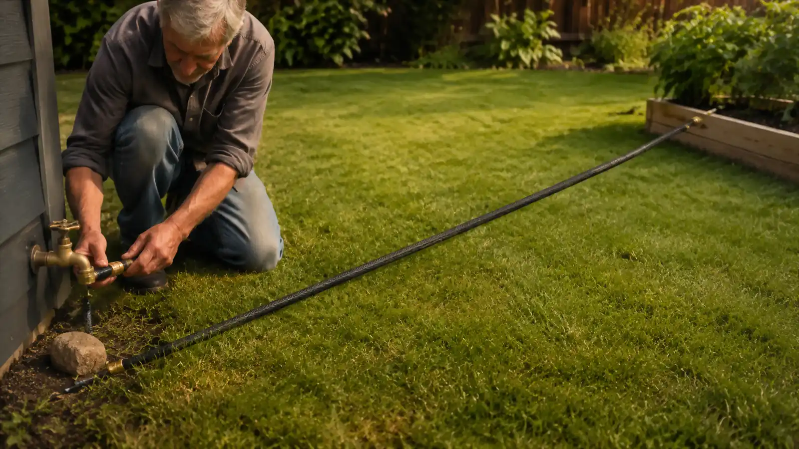A lightweight green expandable Flexi Hose stretched flat across a lawn from a spigot to a raised garden bed with no kinks or bends