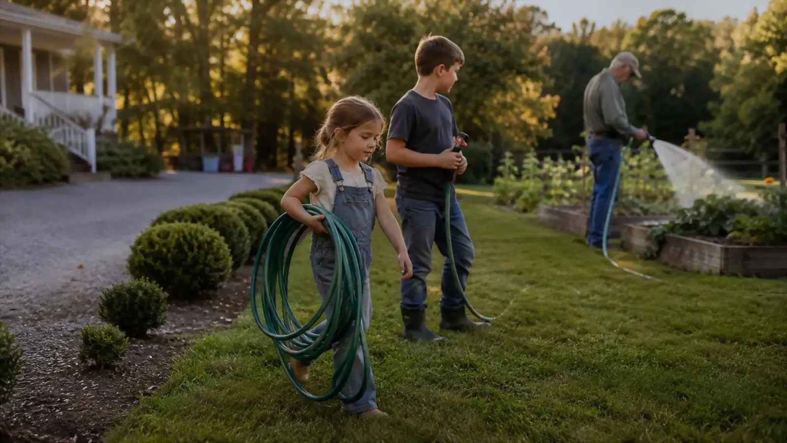 A young girl carrying a lightweight coiled garden hose across a backyard while her grandfather waters raised beds nearby