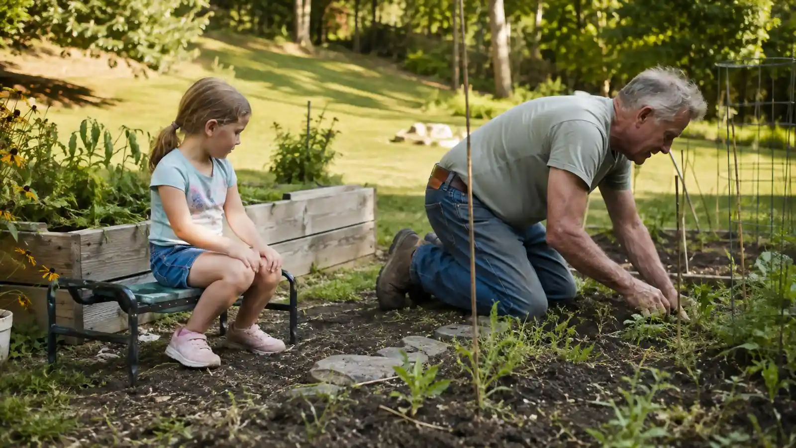 A young girl sitting on a garden kneeler bench next to a raised bed while an older man weeds nearby