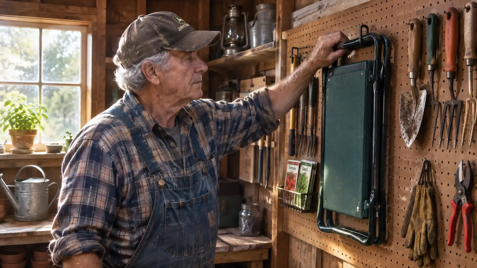 A pegboard wall inside a garden shed with a folded kneeler and seat hanging among hand tools