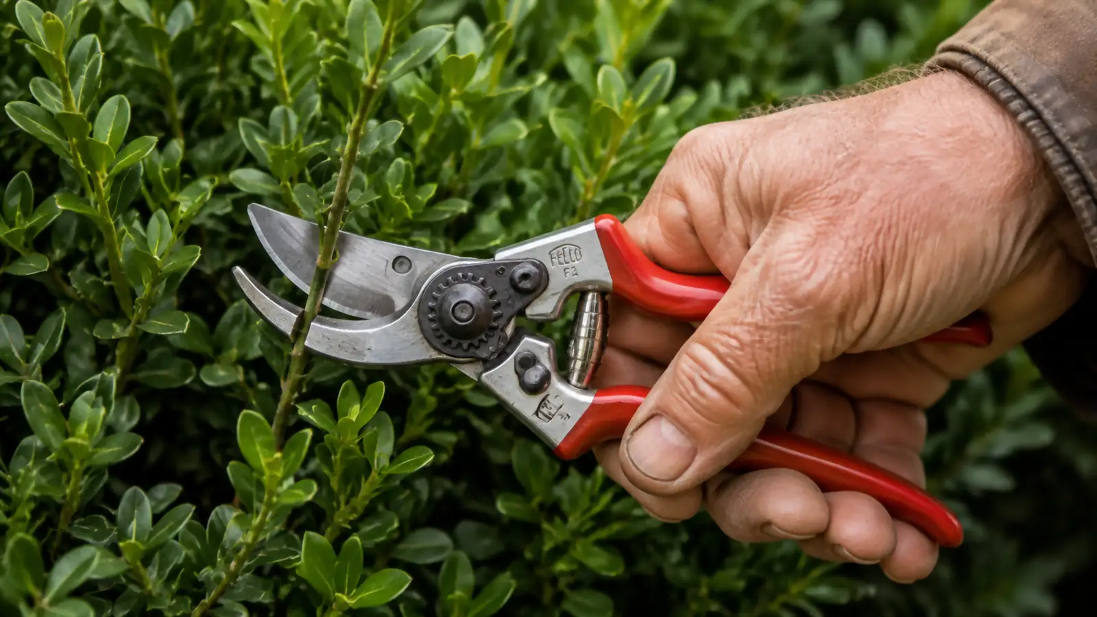 Close-up of a hand closing red-handled Felco F2 pruning shears around a boxwood stem