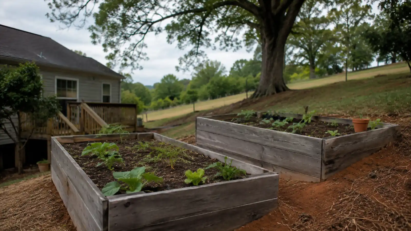 Two wooden raised garden beds on a sloped backyard lot with red clay soil and a large oak tree in the background