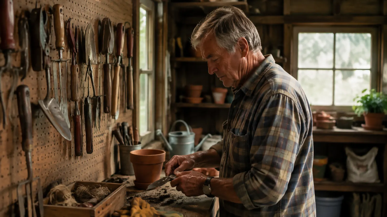 A pegboard wall inside a garden shed with pruning shears and hand tools hanging on hooks