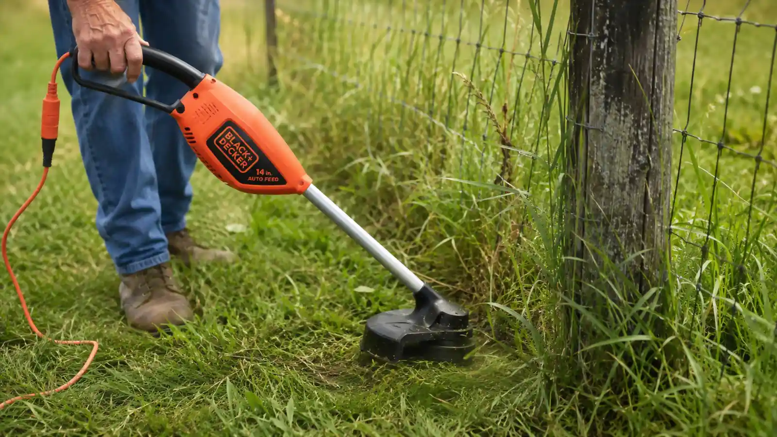 Close-up of a BLACK+DECKER string trimmer head cutting through thick grass next to a fence post